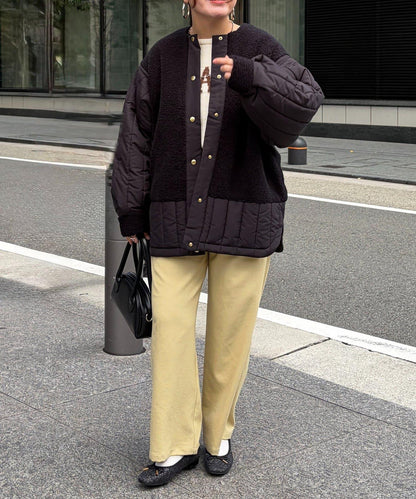 羊羔絨拼接條紋絎縫大衣