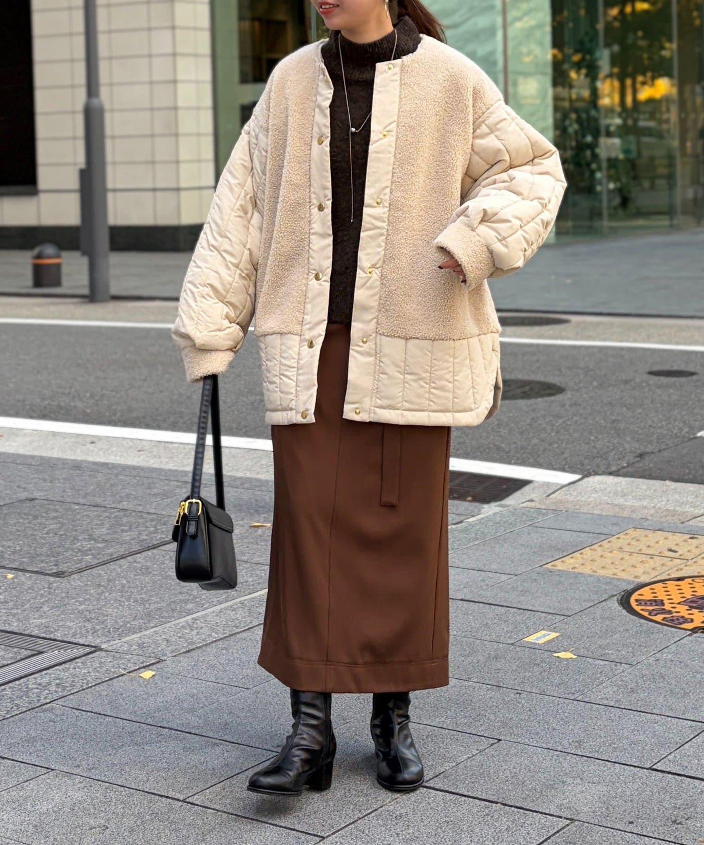 羊羔絨拼接條紋絎縫大衣