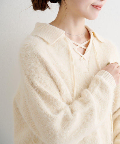 蕾絲繫帶翻領長毛針織衫