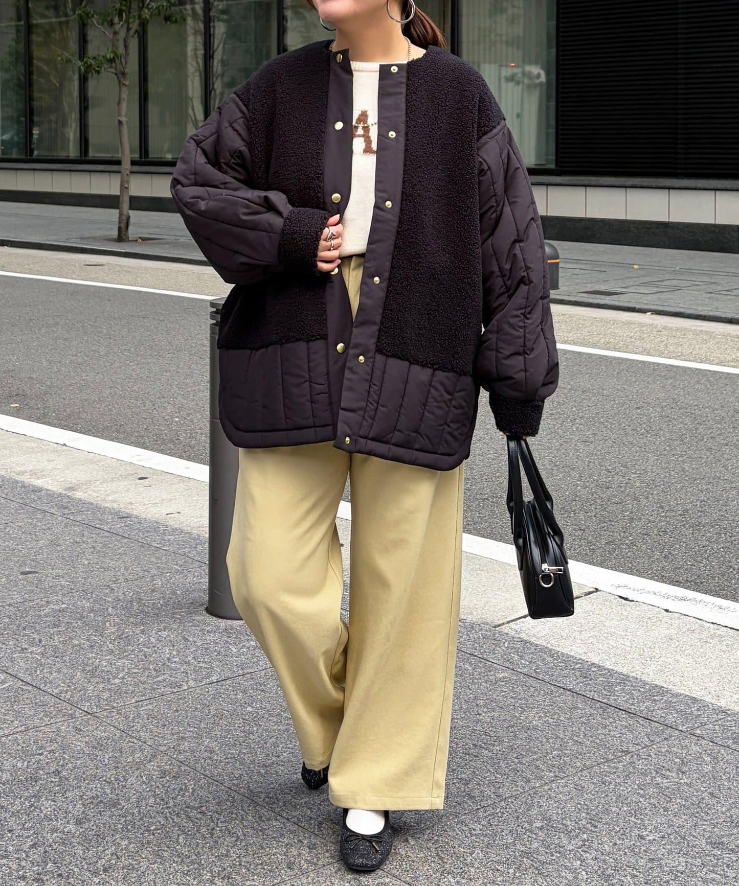 羊羔絨拼接條紋絎縫大衣