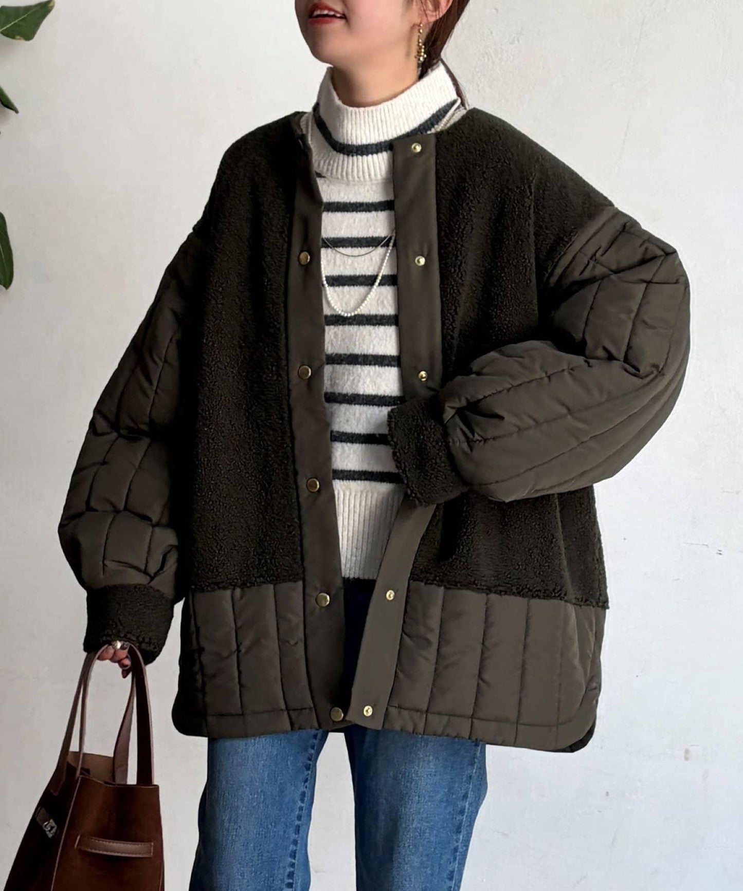 羊羔絨拼接條紋絎縫大衣