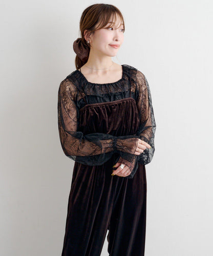 B 蕾絲上衣套裝天鵝絨連體褲