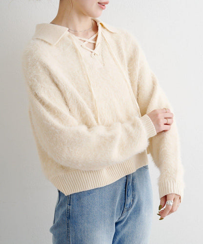 蕾絲繫帶翻領長毛針織衫