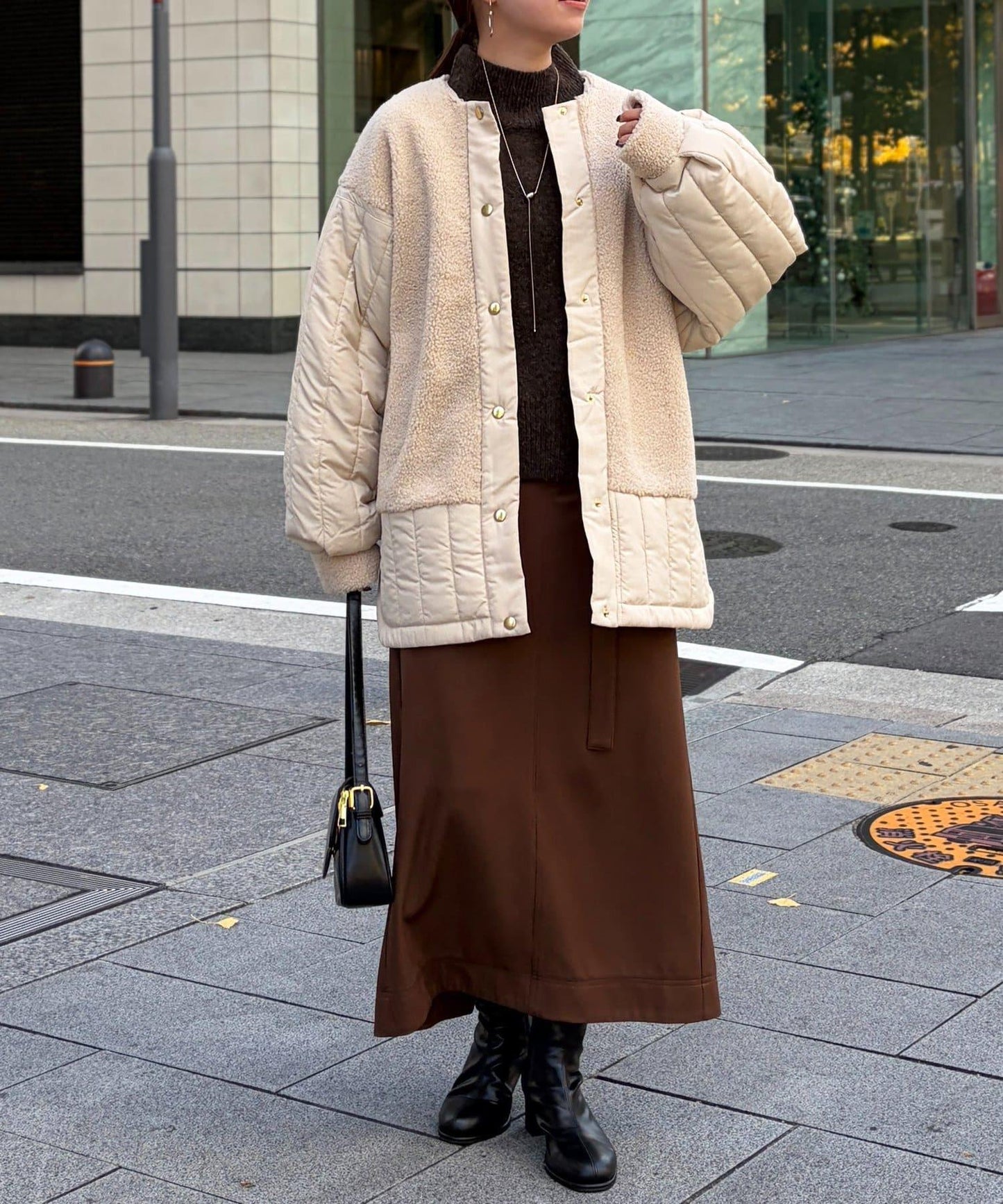 羊羔絨拼接條紋絎縫大衣