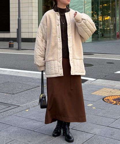 羊羔絨拼接條紋絎縫大衣