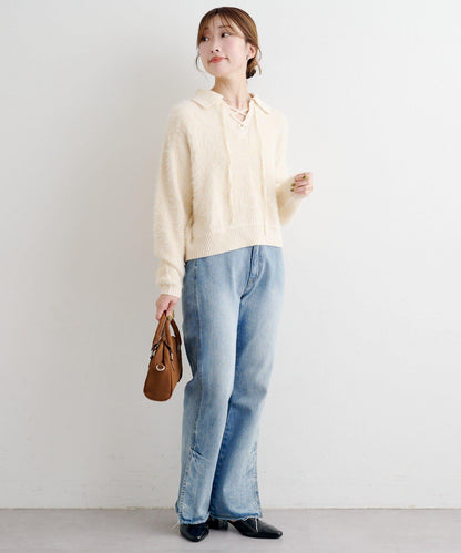 蕾絲繫帶翻領長毛針織衫