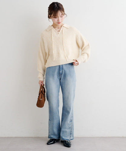 蕾絲繫帶翻領長毛針織衫