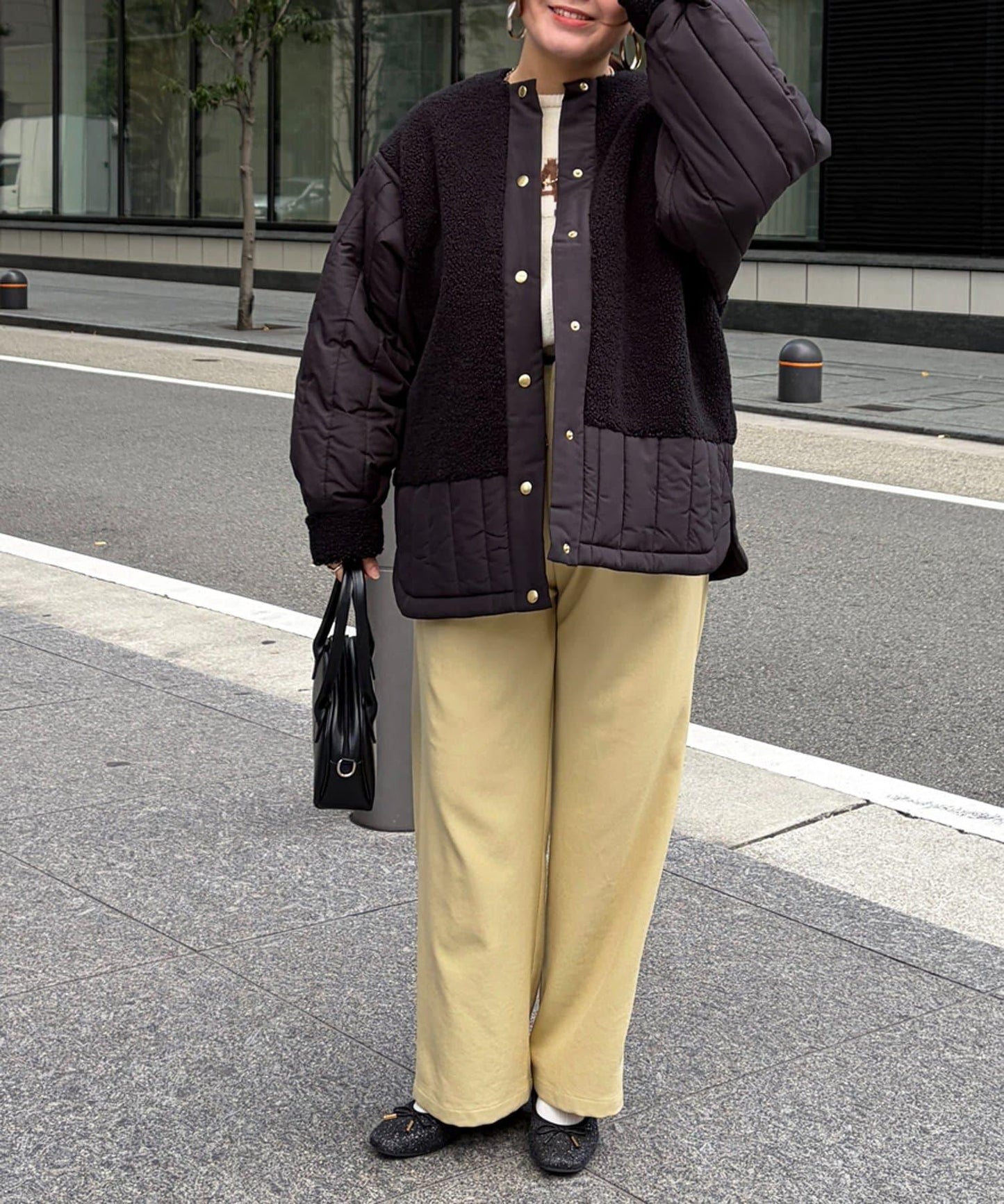 羊羔絨拼接條紋絎縫大衣