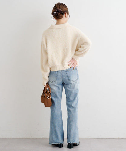 蕾絲繫帶翻領長毛針織衫