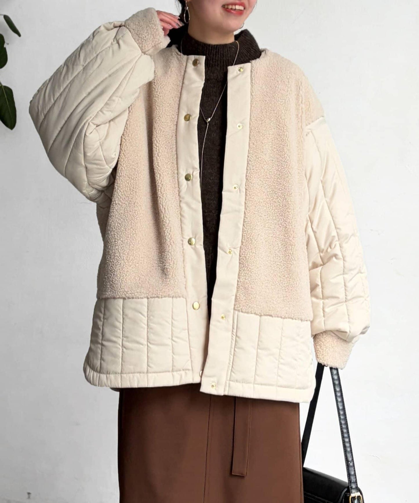 羊羔絨拼接條紋絎縫大衣