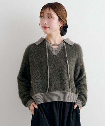 蕾絲繫帶翻領長毛針織衫