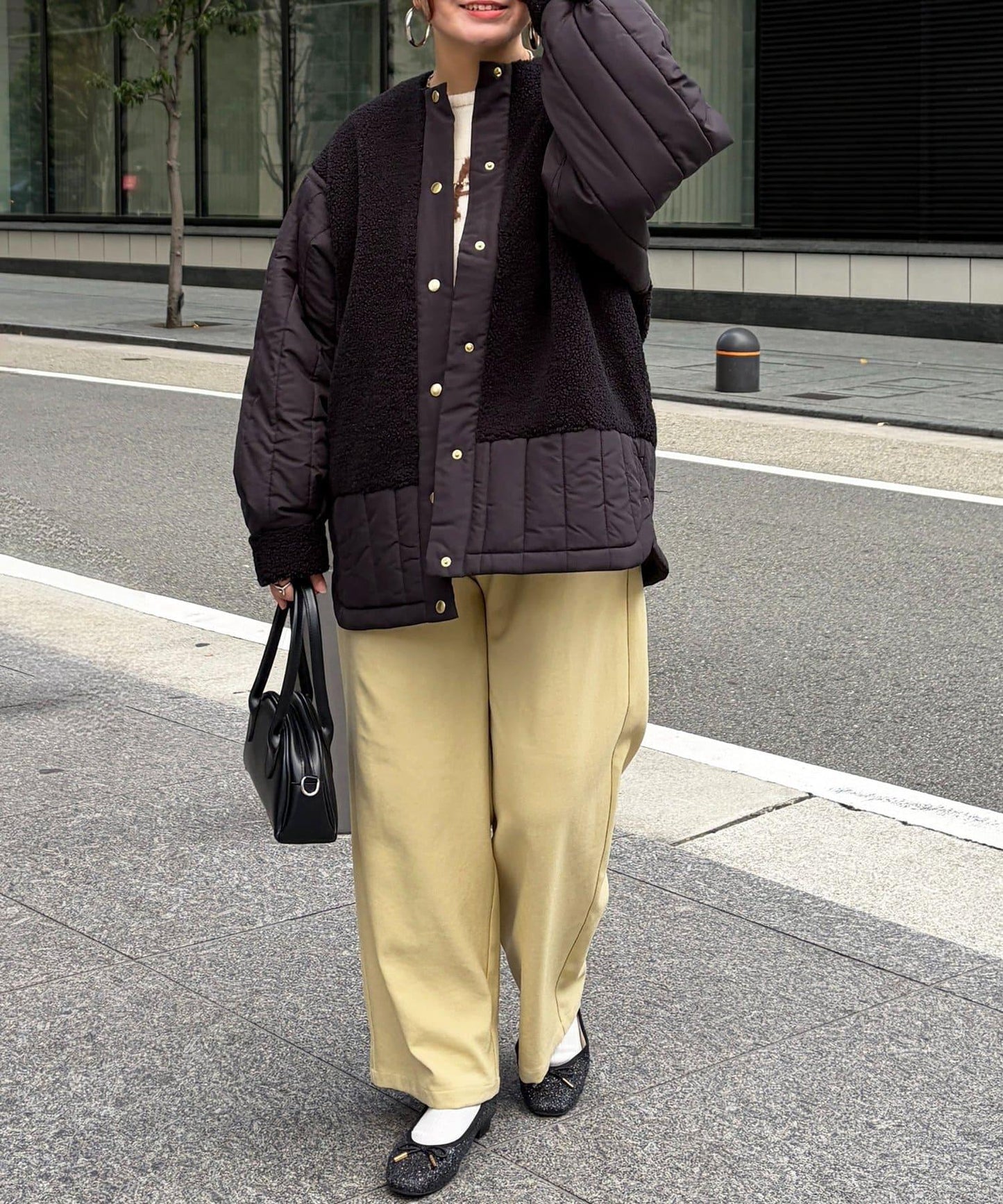 羊羔絨拼接條紋絎縫大衣