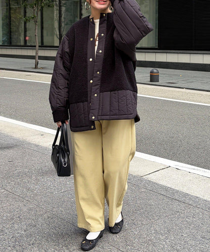 羊羔絨拼接條紋絎縫大衣