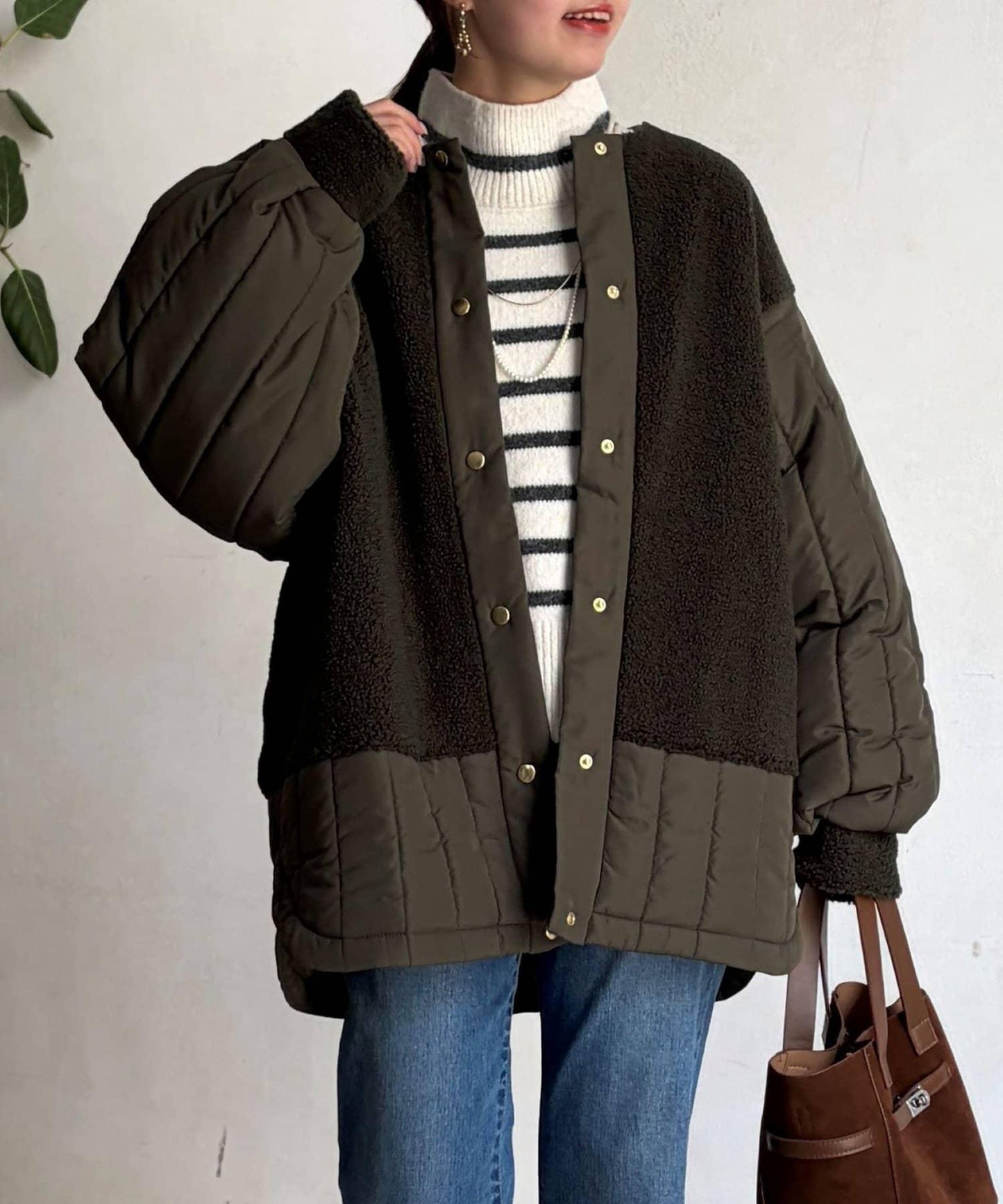 羊羔絨拼接條紋絎縫大衣