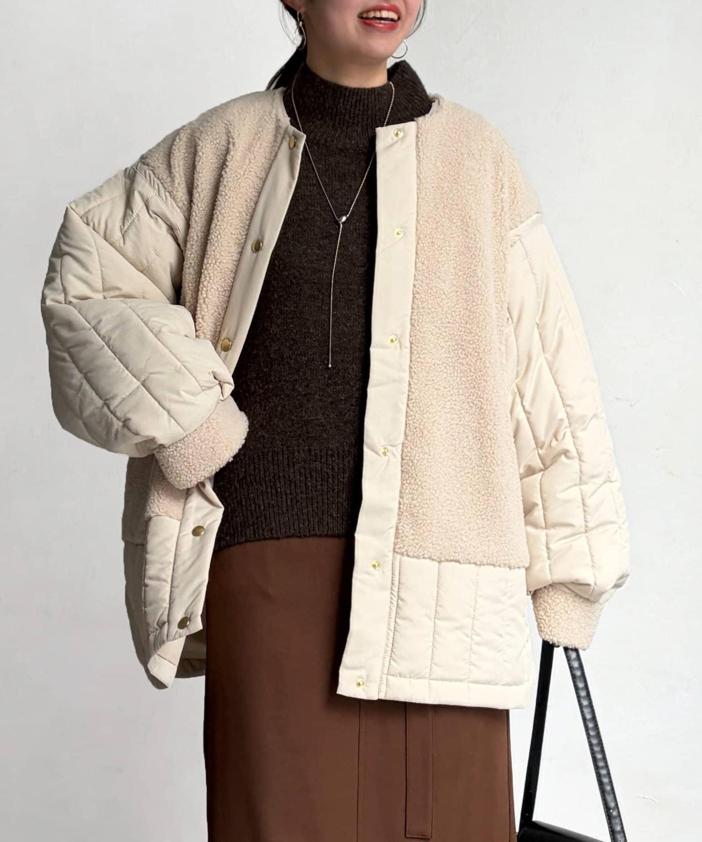 羊羔絨拼接條紋絎縫大衣