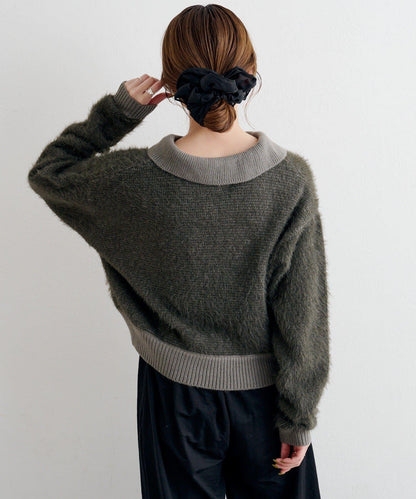 蕾絲繫帶翻領長毛針織衫