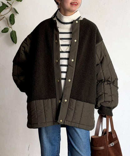 羊羔絨拼接條紋絎縫大衣