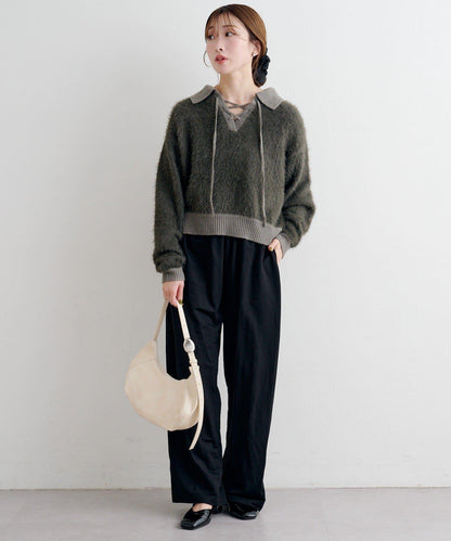 蕾絲繫帶翻領長毛針織衫