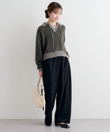 蕾絲繫帶翻領長毛針織衫