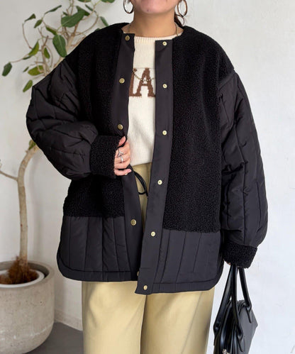 羊羔絨拼接條紋絎縫大衣