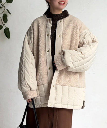 羊羔絨拼接條紋絎縫大衣