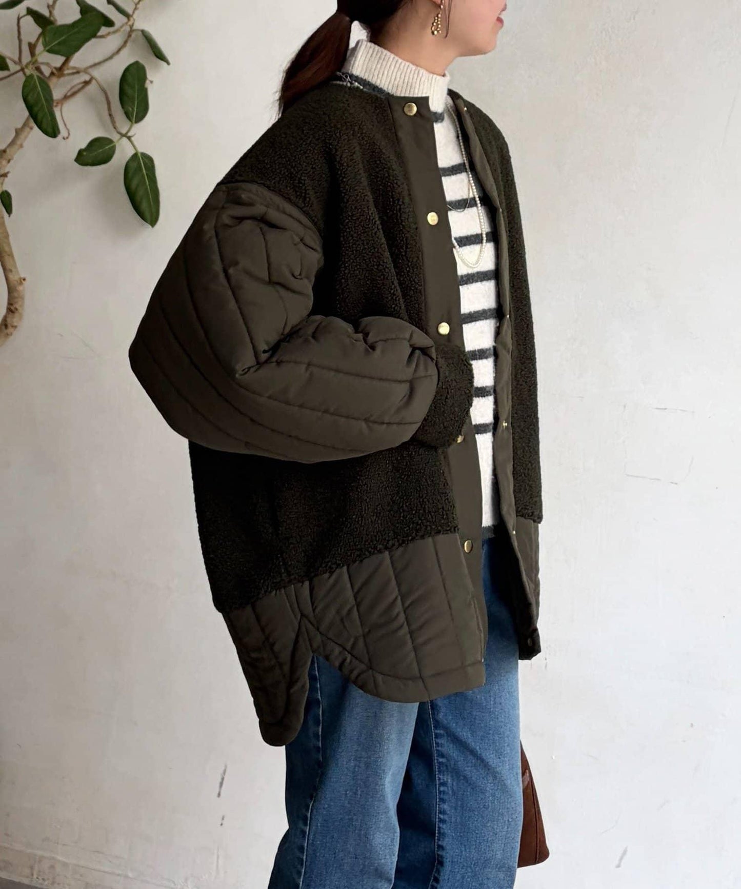 羊羔絨拼接條紋絎縫大衣