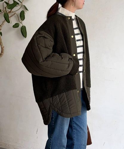 羊羔絨拼接條紋絎縫大衣