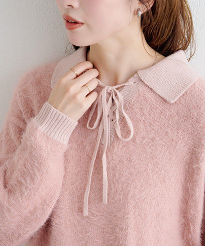 蕾絲繫帶翻領長毛針織衫