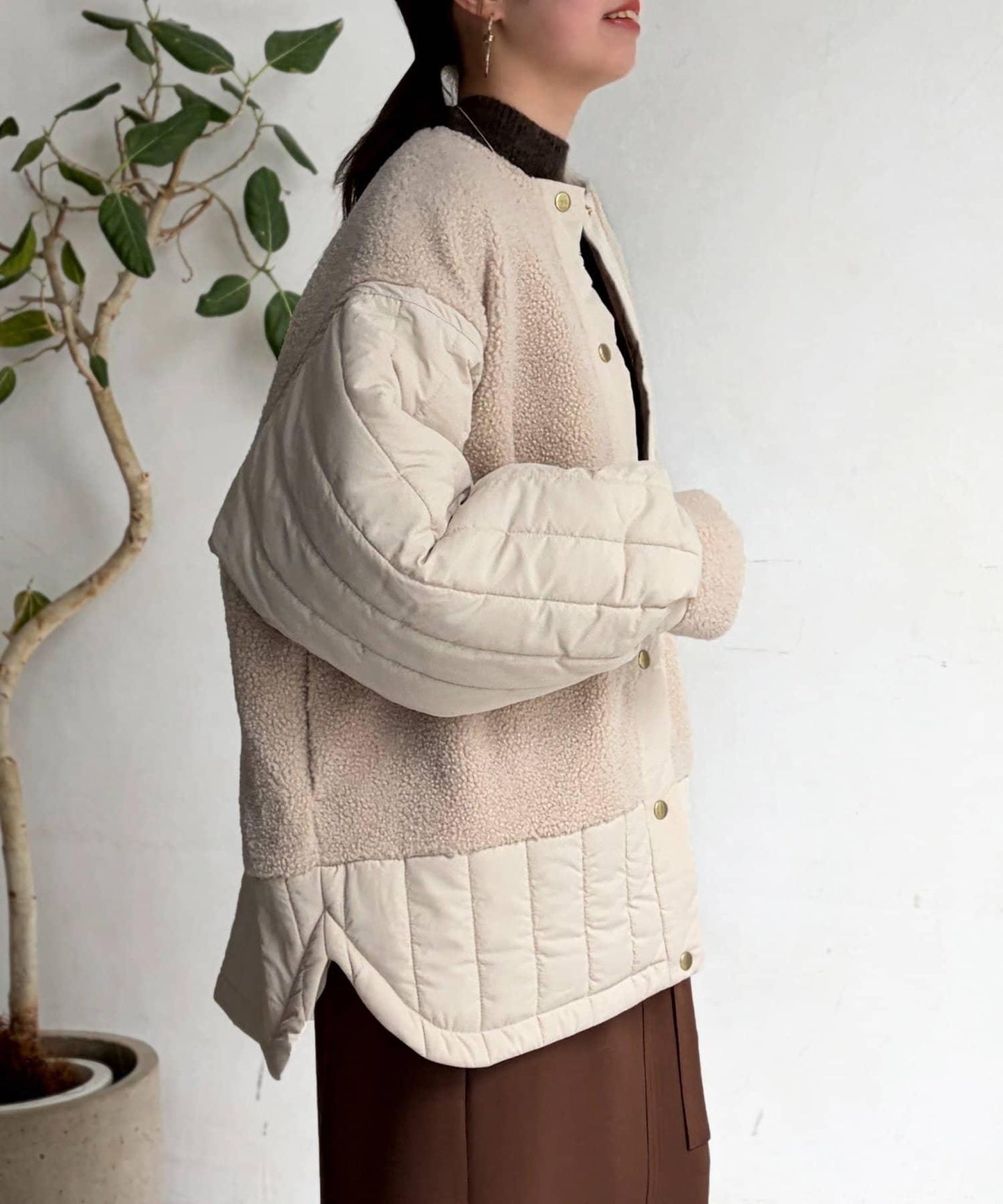 羊羔絨拼接條紋絎縫大衣