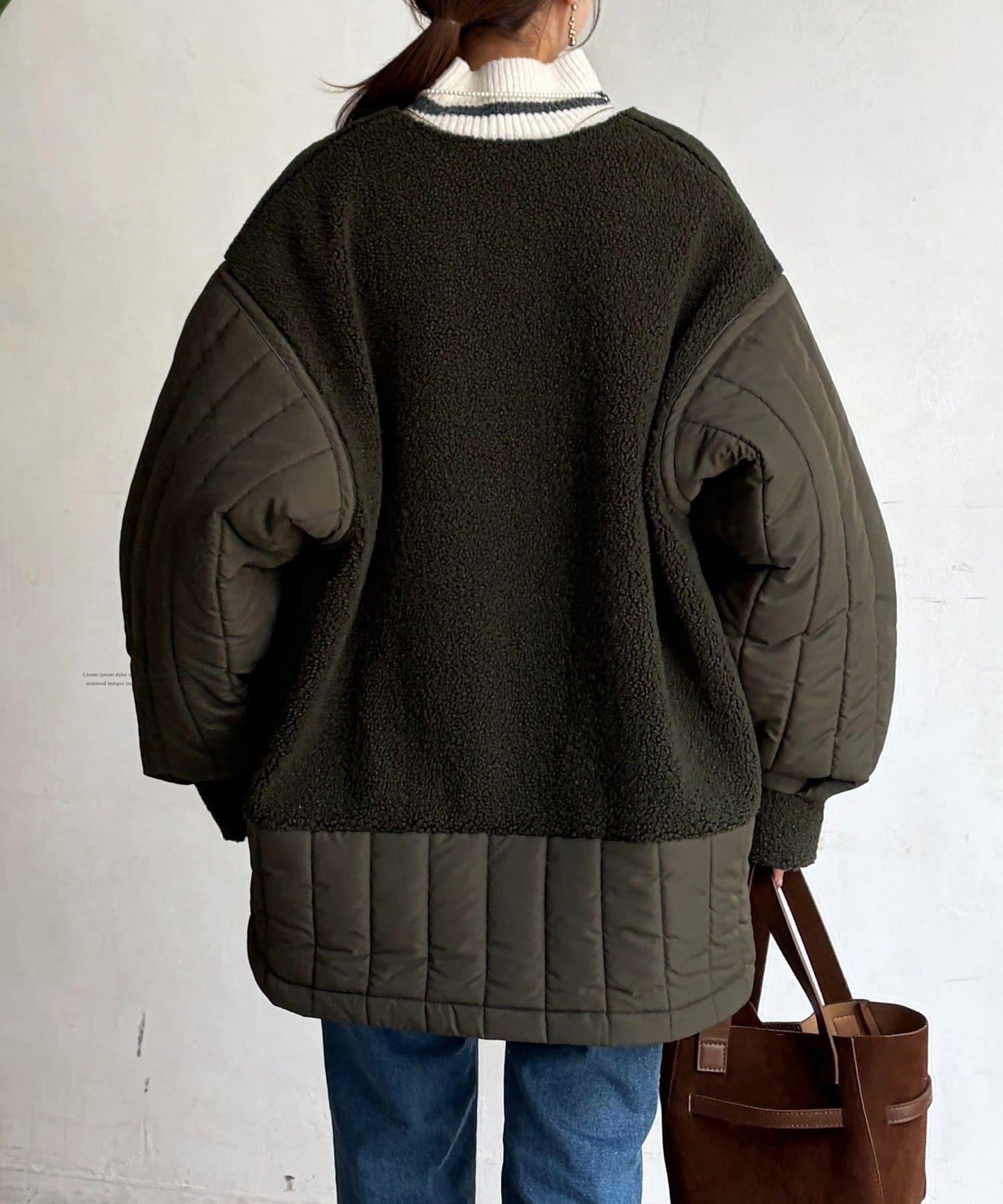 羊羔絨拼接條紋絎縫大衣