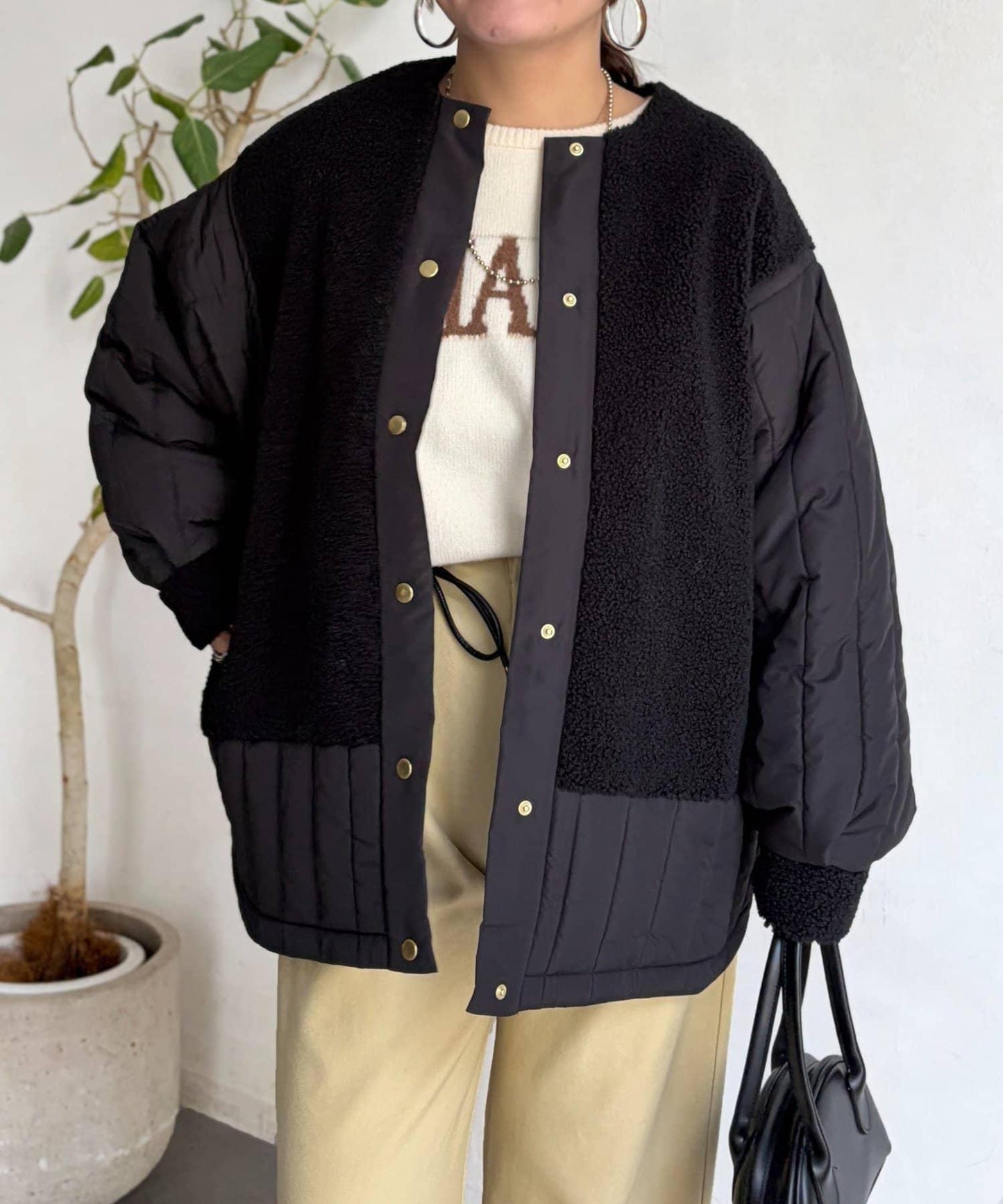 羊羔絨拼接條紋絎縫大衣