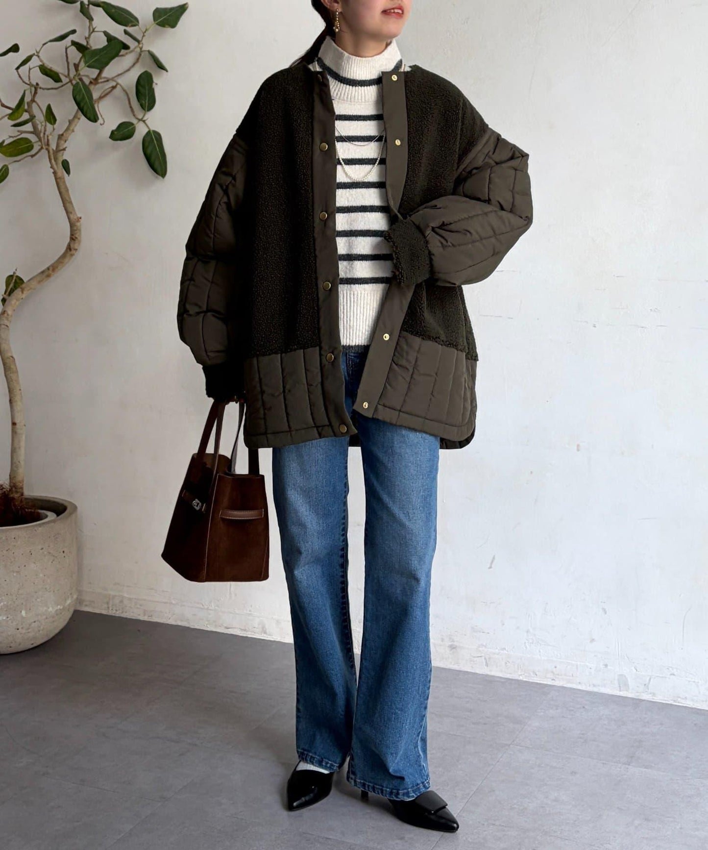 羊羔絨拼接條紋絎縫大衣