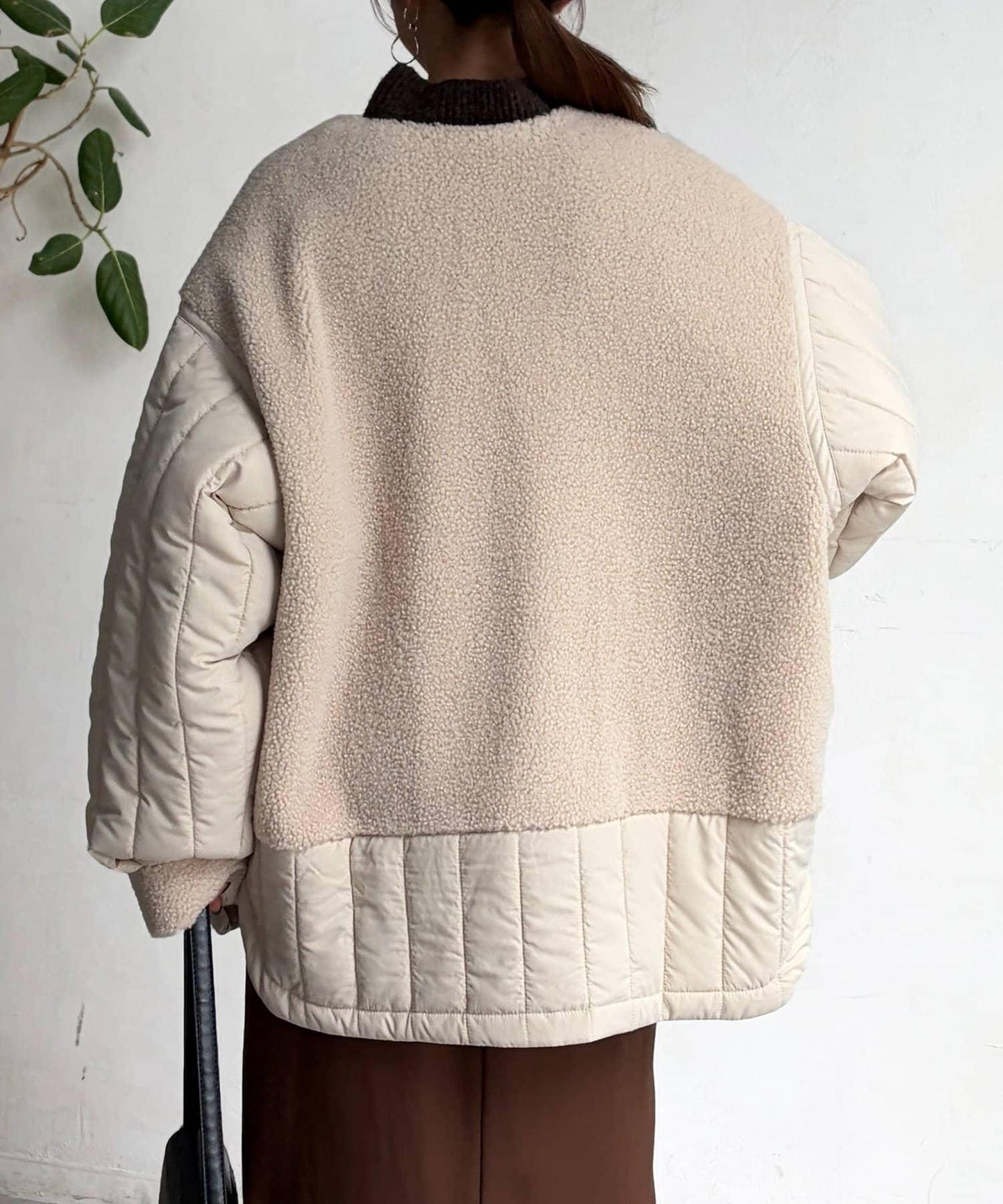 羊羔絨拼接條紋絎縫大衣