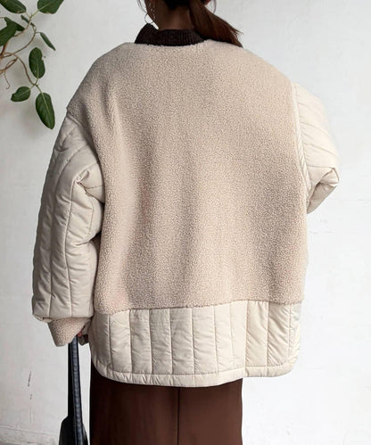 羊羔絨拼接條紋絎縫大衣