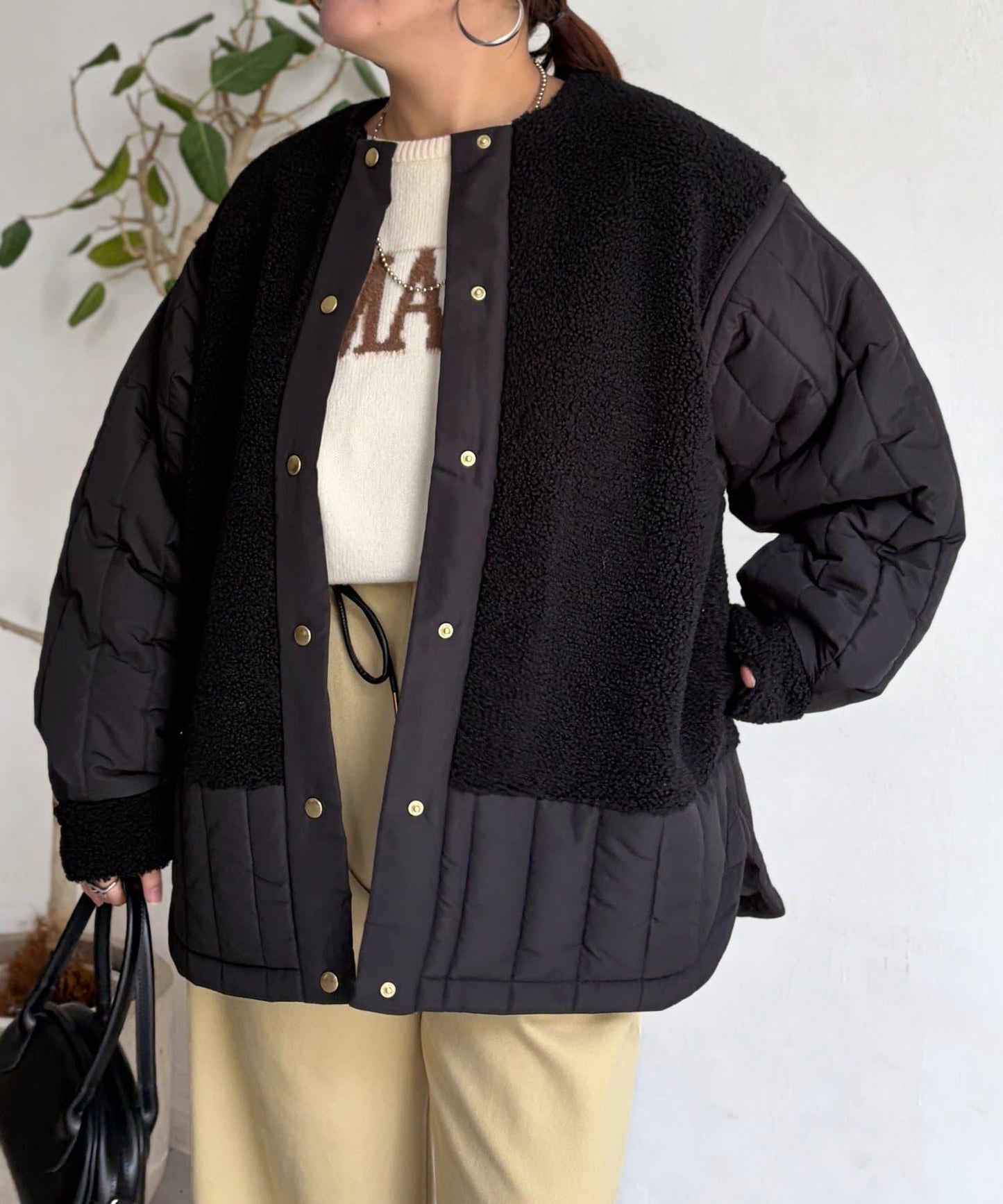 羊羔絨拼接條紋絎縫大衣