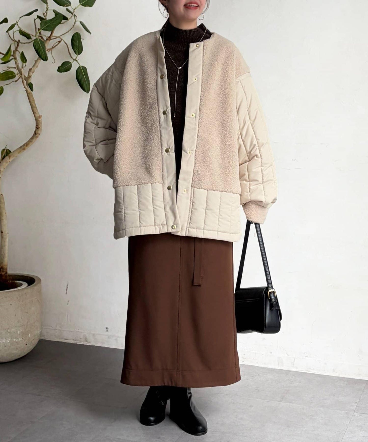 羊羔絨拼接條紋絎縫大衣