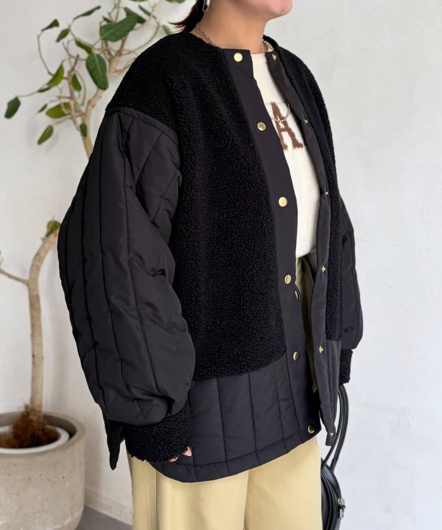 羊羔絨拼接條紋絎縫大衣