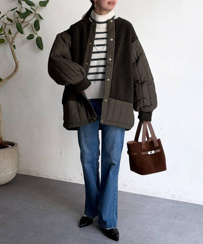 羊羔絨拼接條紋絎縫大衣