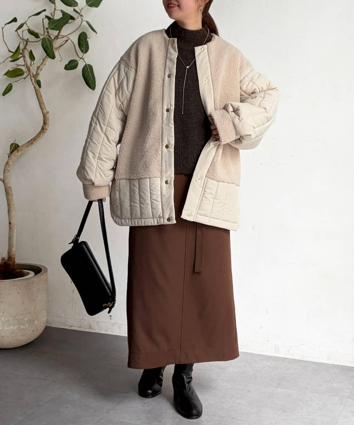 羊羔絨拼接條紋絎縫大衣