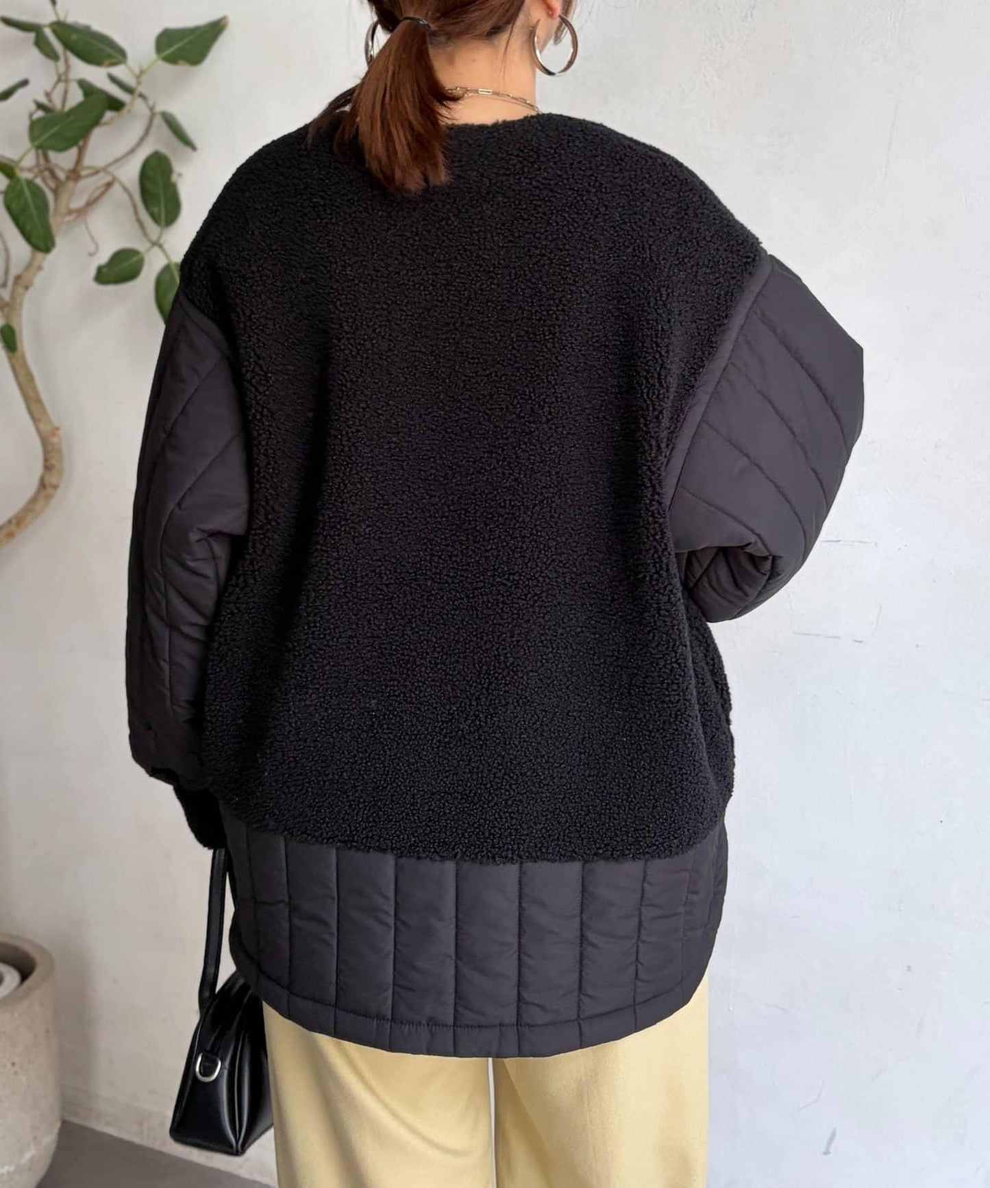 羊羔絨拼接條紋絎縫大衣