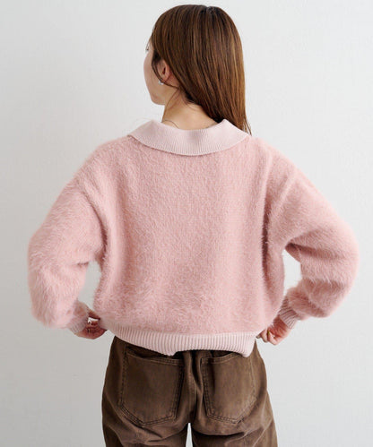 蕾絲繫帶翻領長毛針織衫