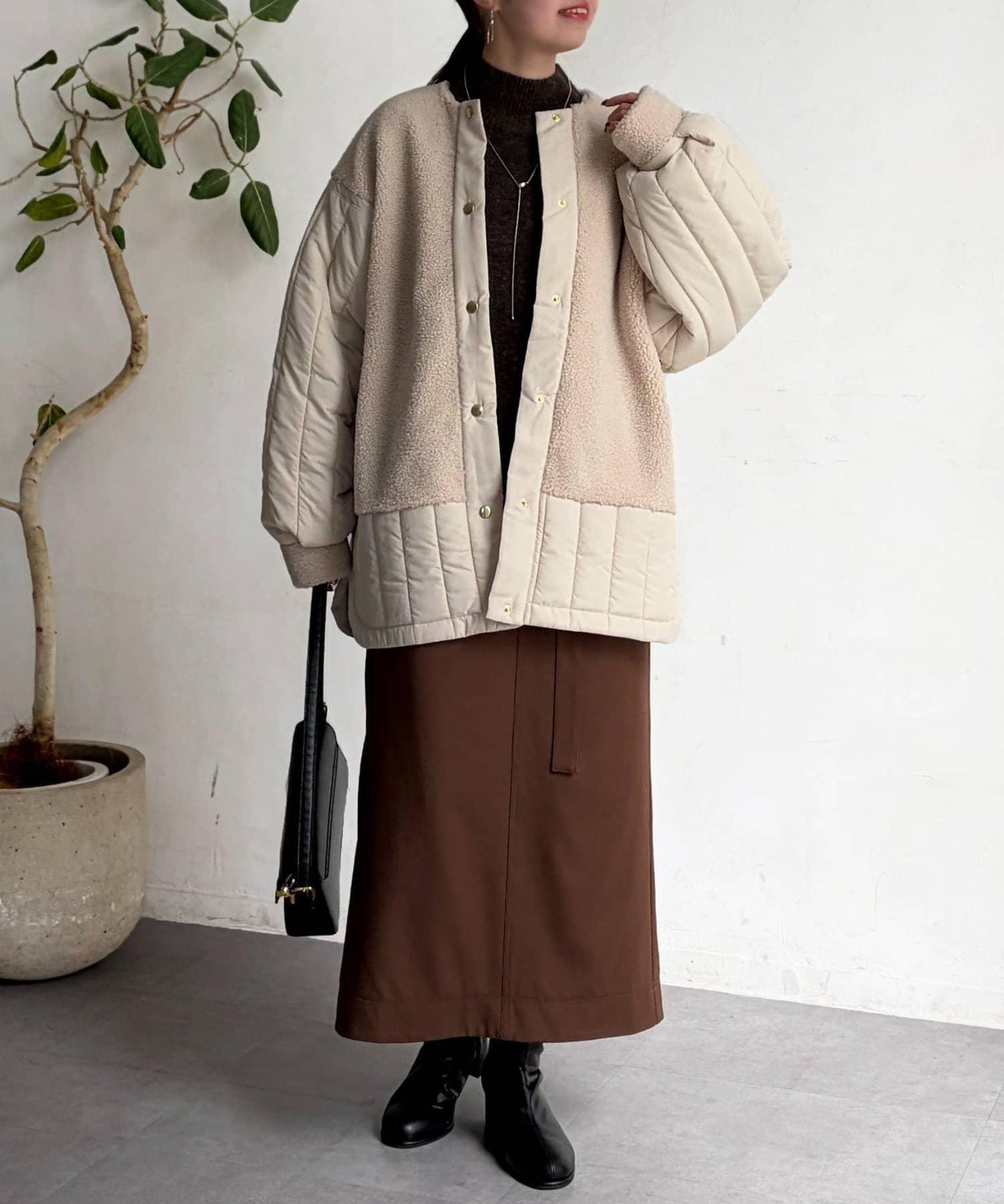 羊羔絨拼接條紋絎縫大衣