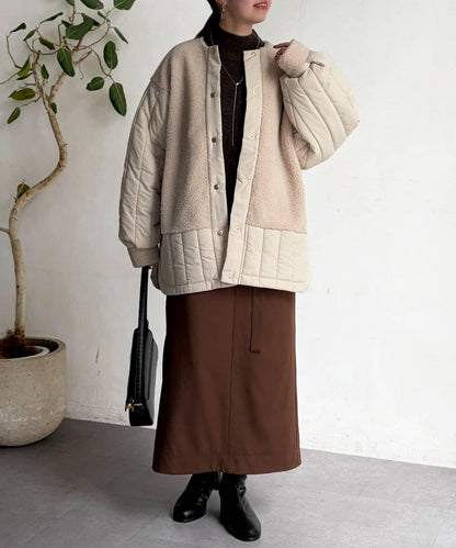 羊羔絨拼接條紋絎縫大衣