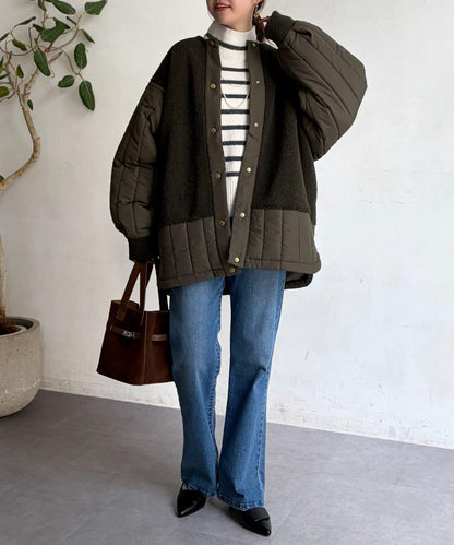 羊羔絨拼接條紋絎縫大衣