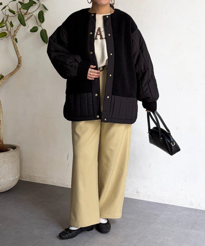 羊羔絨拼接條紋絎縫大衣