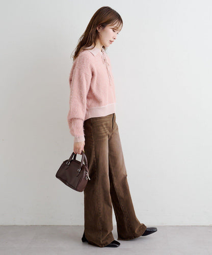 蕾絲繫帶翻領長毛針織衫