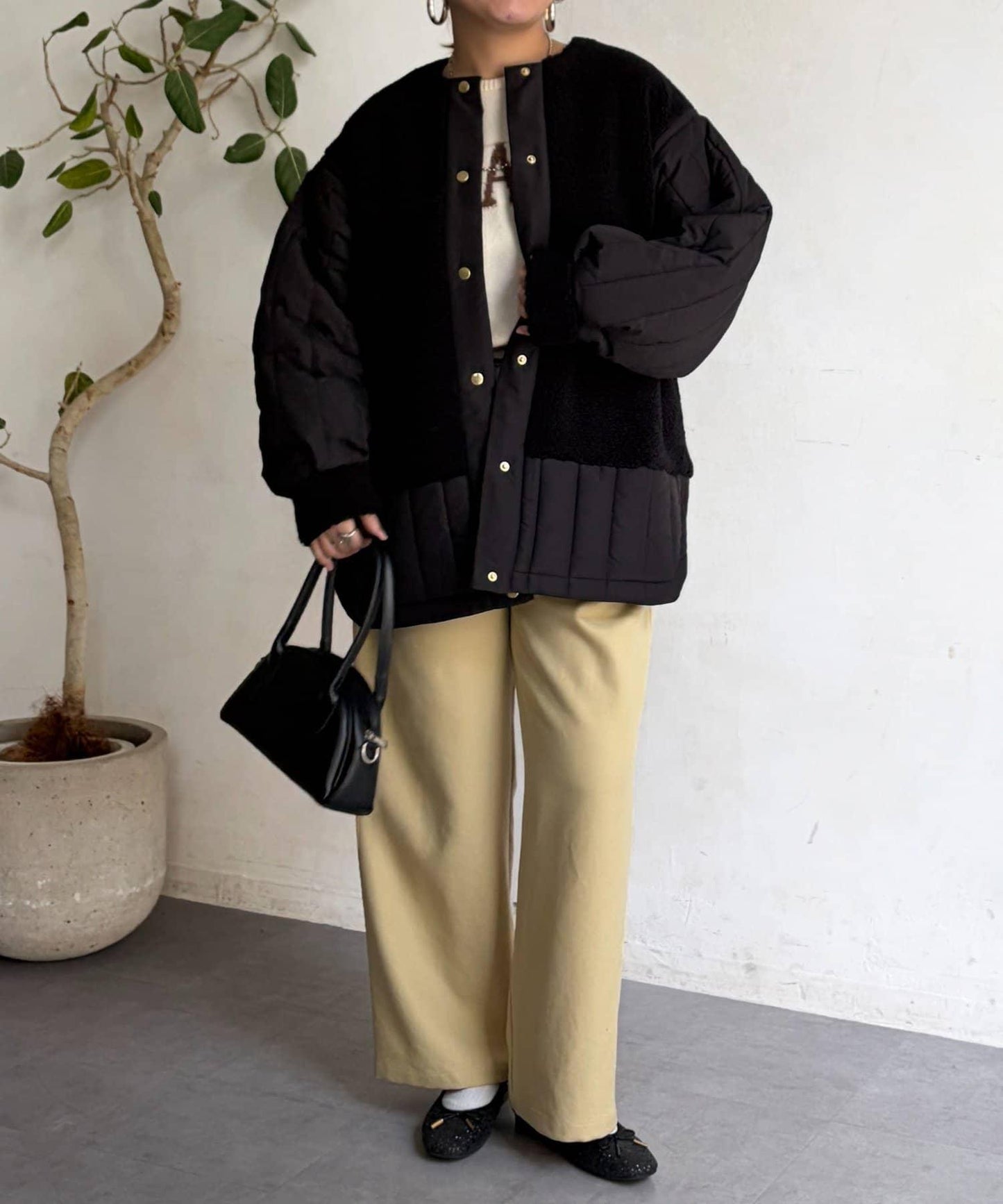 羊羔絨拼接條紋絎縫大衣