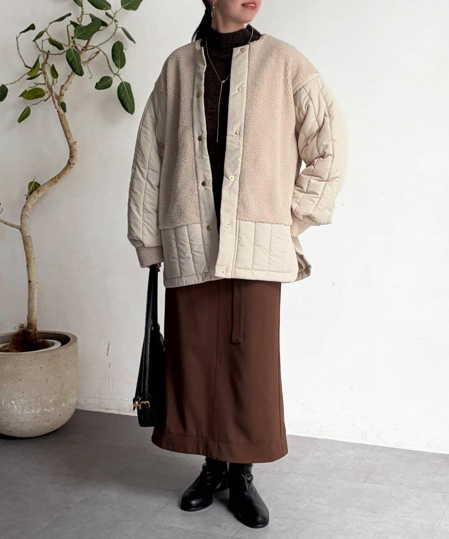 羊羔絨拼接條紋絎縫大衣