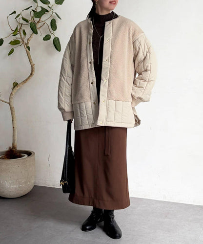 羊羔絨拼接條紋絎縫大衣