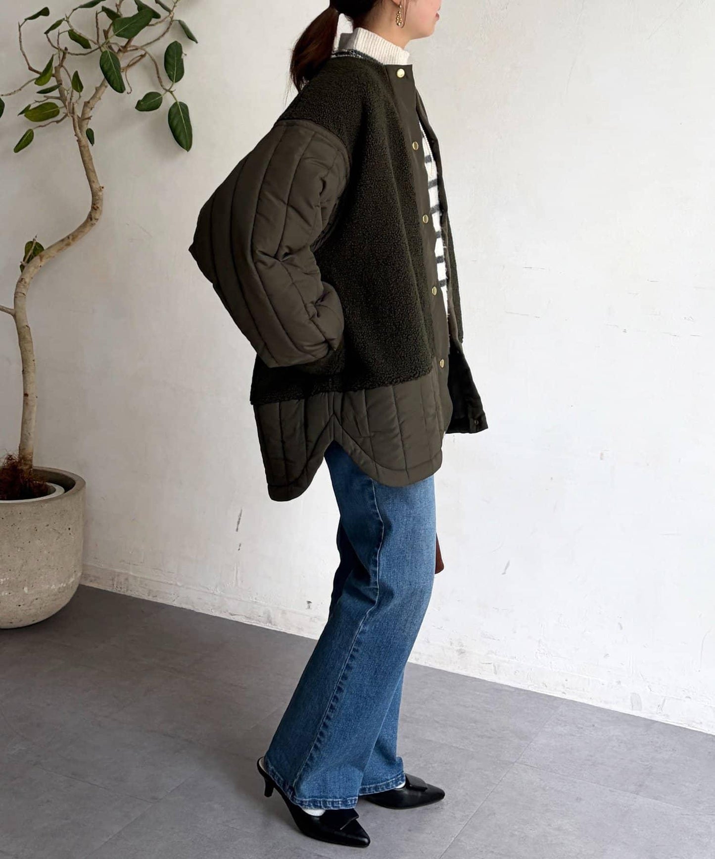 羊羔絨拼接條紋絎縫大衣